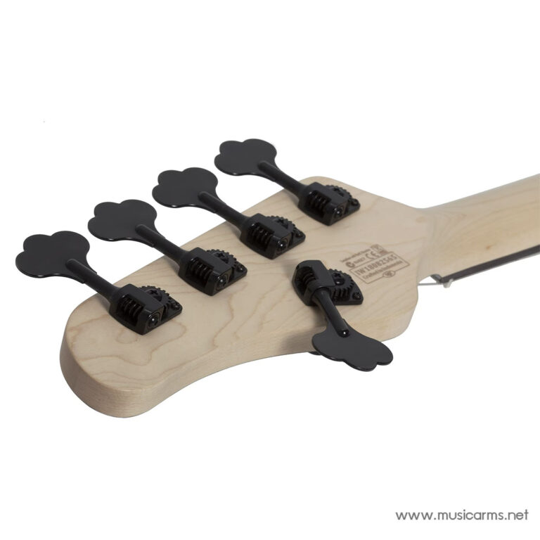 Back of a guitar headstock with six black locking tuners on a natural wood finish. ขายราคาพิเศษ