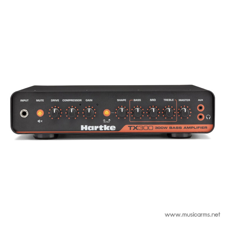Hartke TX300 300W bass amplifier front panel with input, mute, drive, compressor, gain, shape, bass, mid, treble, master knobs and orange accent. ขายราคาพิเศษ