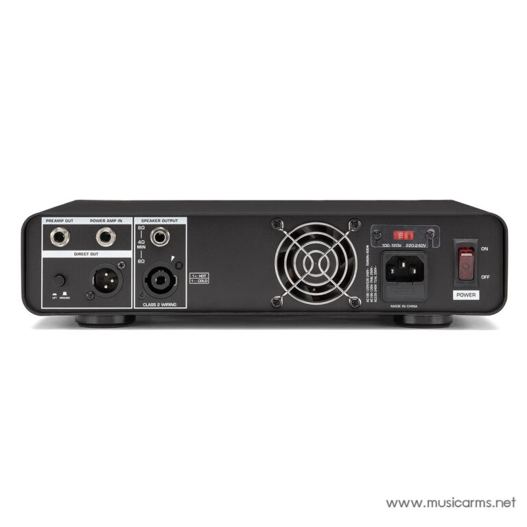 Rear view of a black audio amplifier showing power switch, IEC inlet, cooling fan, and labeled input/output jacks on the back panel. ขายราคาพิเศษ