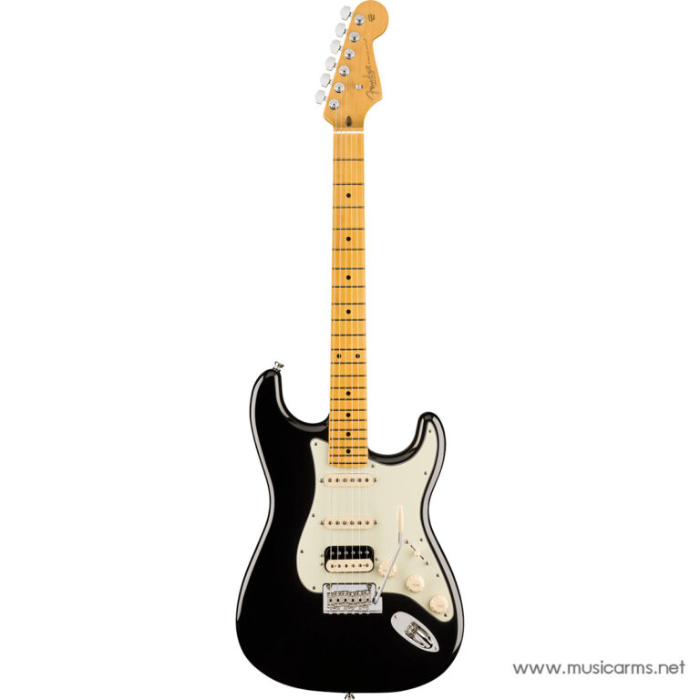 Black Fender Stratocaster-style electric guitar with maple neck and white pickguard, full-length view ขายราคาพิเศษ