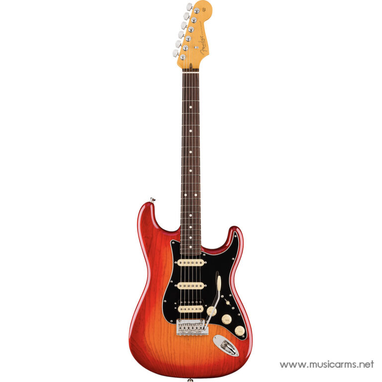 Red sunburst electric guitar with a black pickguard and three cream pickups on a white background ขายราคาพิเศษ