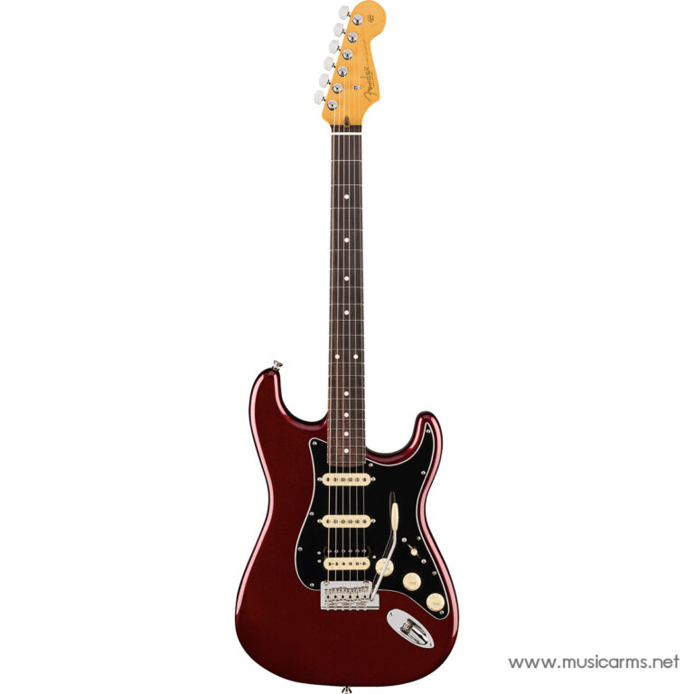 Red Fender Stratocaster-style electric guitar with a black pickguard and three cream pickups on a white background, full view. ขายราคาพิเศษ
