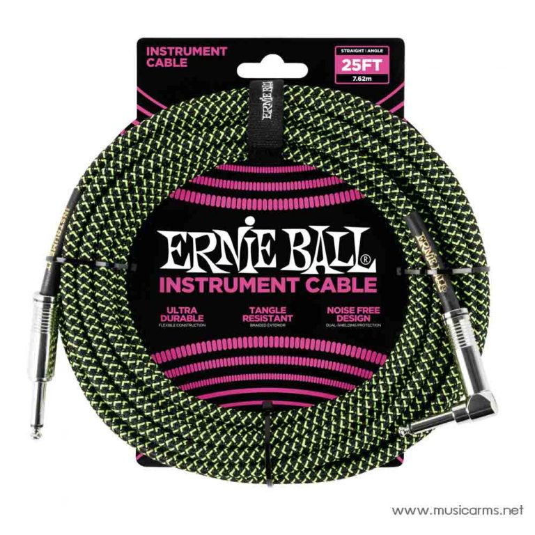 Ernie Ball 25 Feet Straight Angle Braided Instrument Cables Black Green ขายราคาพิเศษ
