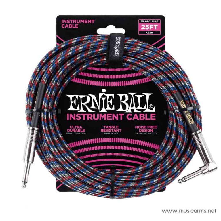 Ernie Ball 25 Feet Straight Angle Braided Instrument Cables Black Red Blue White ขายราคาพิเศษ