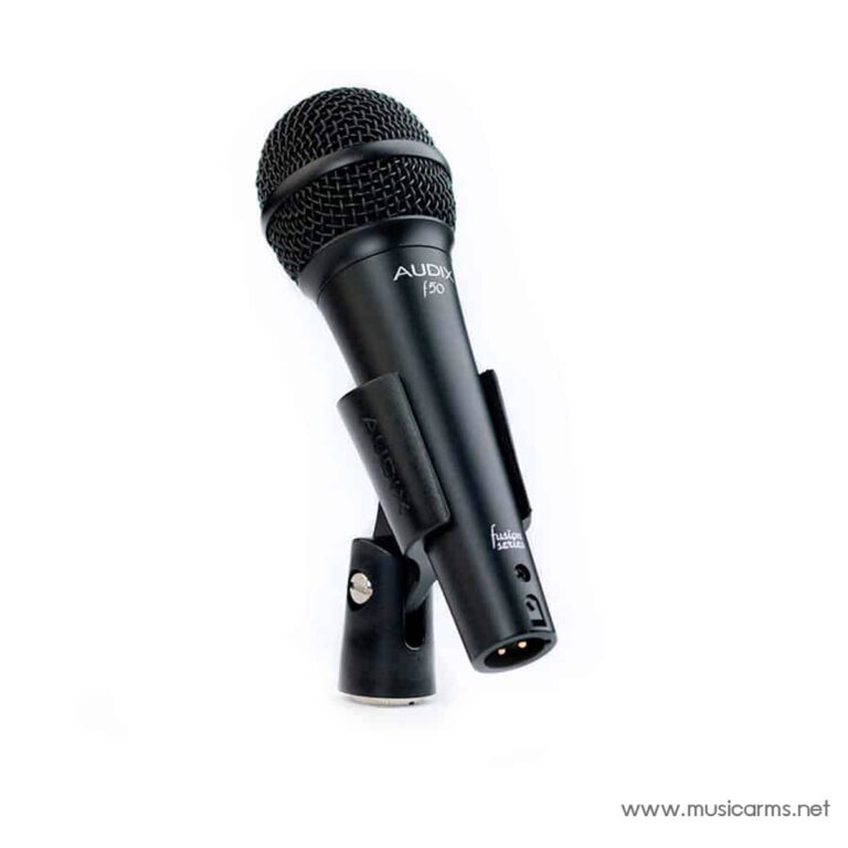 Audix F50 black handheld dynamic vocal microphone with its clip mounted on a stand, white background. ขายราคาพิเศษ