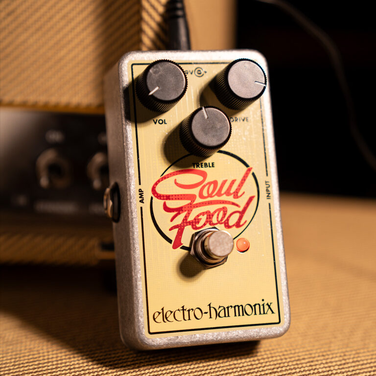 Guitar effects pedal labeled Soul Food with three control knobs (Vol, Treble, Drive) and a footswitch, Electro-Harmonix brand visible on the panel ขายราคาพิเศษ