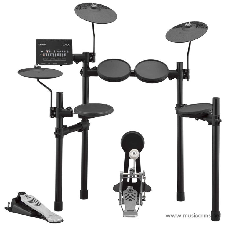 Full electronic drum kit with pads, cymbals, and a drum module on black stands. ขายราคาพิเศษ