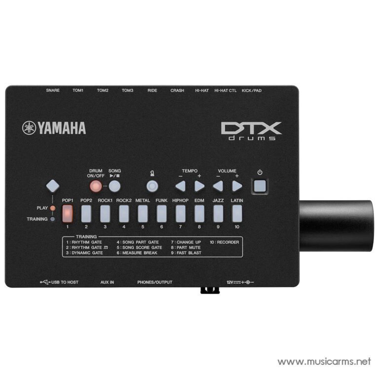 Yamaha DTX Drums front panel drum module with labeled pads and controls for rhythm, tempo, and volume levels (informational image). ขายราคาพิเศษ