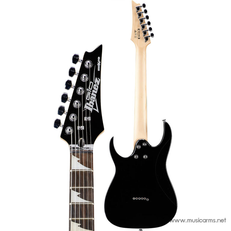 Black electric guitar shown from back and side, with natural wood neck and 6-in-line tuners on the headstock (Ibanez logo visible). ขายราคาพิเศษ