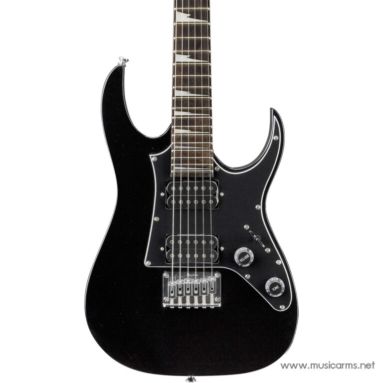 Black solid-body electric guitar with a chrome tremolo bridge, two humbucker pickups, and a black pickguard on a glossy finish surface. ขายราคาพิเศษ