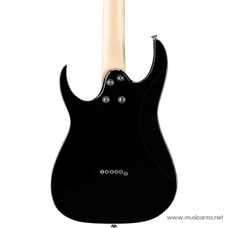 Back view of a glossy black solid-body electric guitar with a natural maple neck and a row of ferrules on the back. ขายราคาพิเศษ