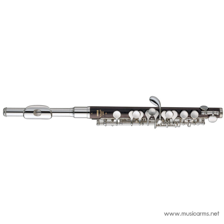 Yamaha wooden-body flute with silver keys laid horizontally against a white background, headjoint on the left. ขายราคาพิเศษ