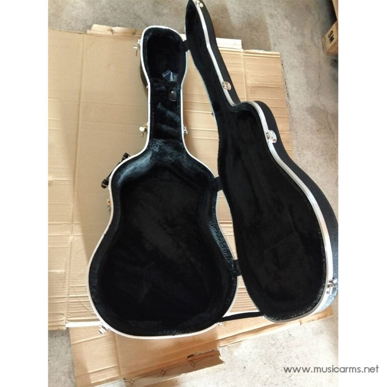 Two open black guitar cases with plush dark interiors resting on a cardboard surface. ขายราคาพิเศษ