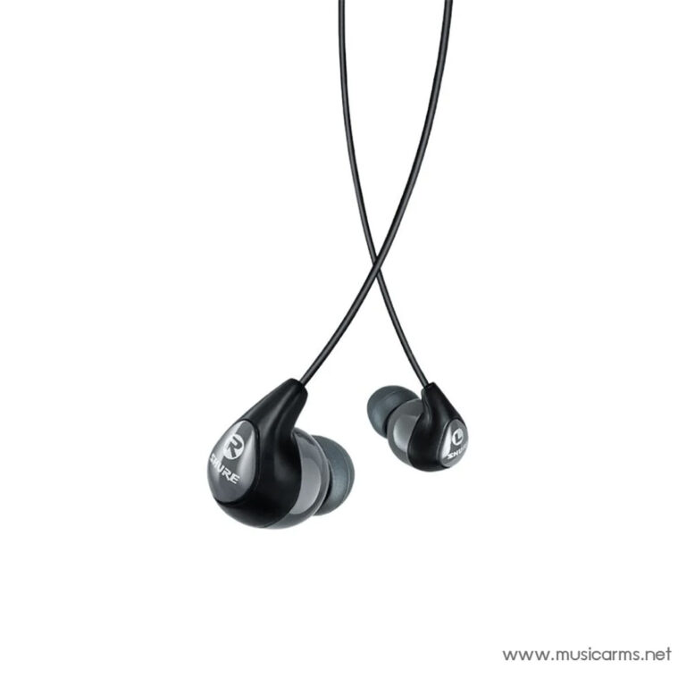 Black in-ear headphones with gray silicone tips and cross-angled cords; Shure logo on each earbud. ขายราคาพิเศษ