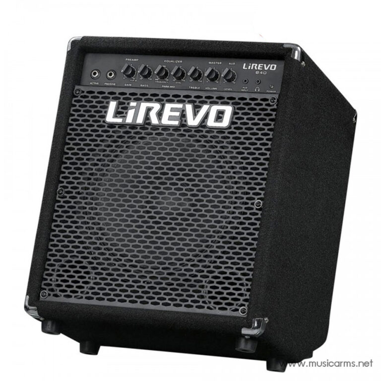 Black guitar amplifier with a metal honeycomb grille and LiREVO branding on the front panel knobs on top panel area. ขายราคาพิเศษ