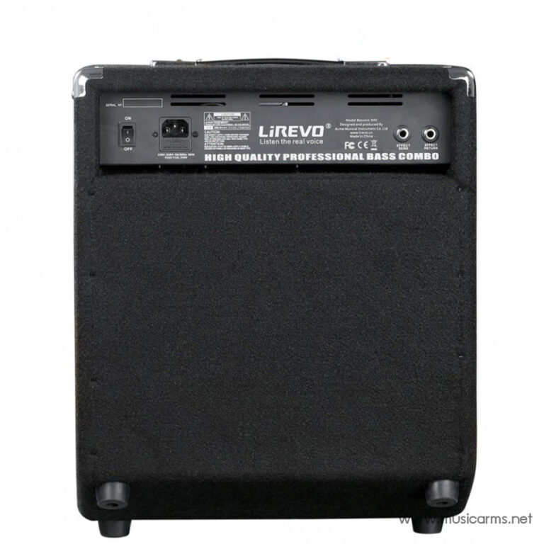 Back view of a black bass combo amplifier, showing the power switch, IEC power inlet, control panel, and two input jacks labeled LiREVO High Quality Professional Bass Combo ขายราคาพิเศษ