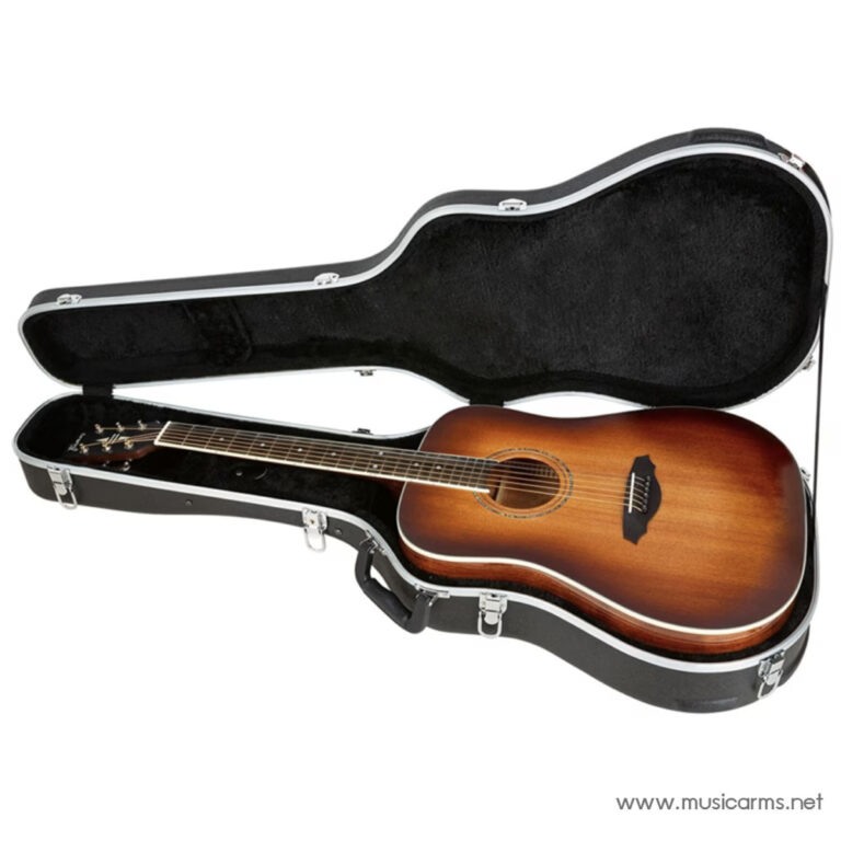 Sunburst acoustic guitar inside an open black hard-shell case with plush lining ขายราคาพิเศษ