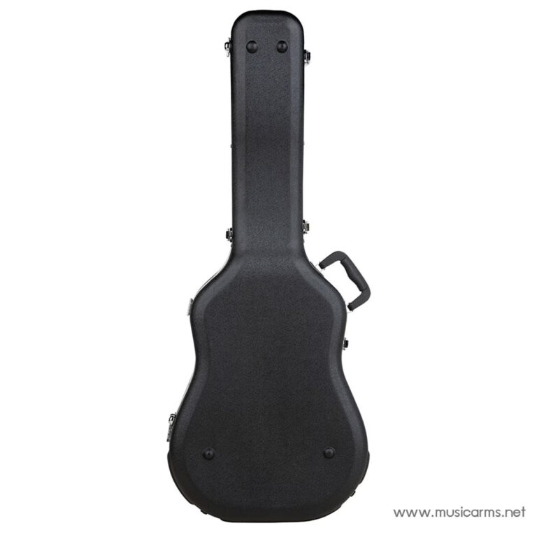 Black hard-shell guitar case standing upright with a side handle and latches showing on the sides ขายราคาพิเศษ
