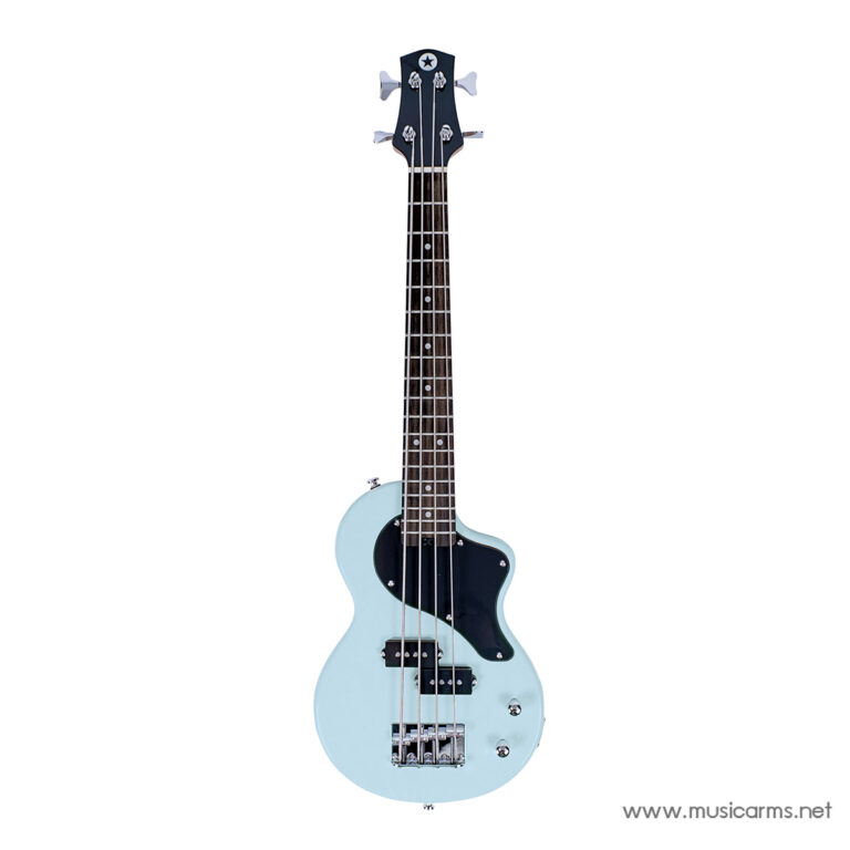 Light blue electric bass guitar with a black pickguard and four strings on a white background ขายราคาพิเศษ