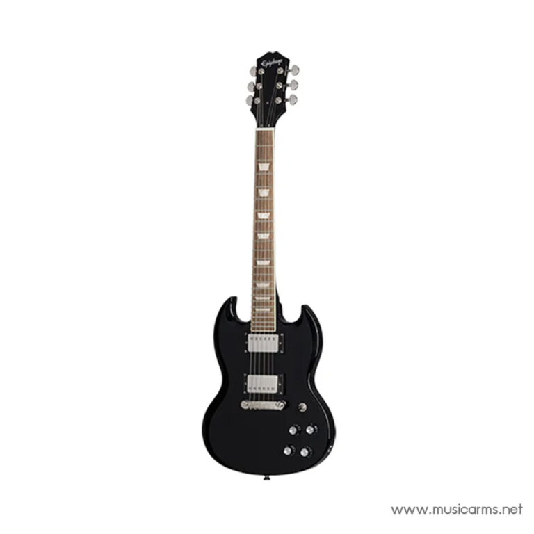Black Epiphone SG-style electric guitar with two humbucker pickups on a white background ขายราคาพิเศษ