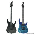 Two Ibanez electric guitars with offset double-cutaway bodies on a white background; left in dark charcoal quilted finish, right in blue quilted finish with tremolos and humbuckers. ลดราคาพิเศษ