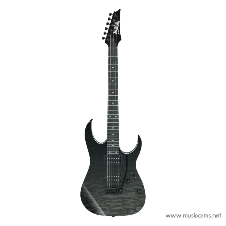 Black double-cutaway electric guitar with a quilted top and dual humbucker pickups, on a dark finish. ขายราคาพิเศษ