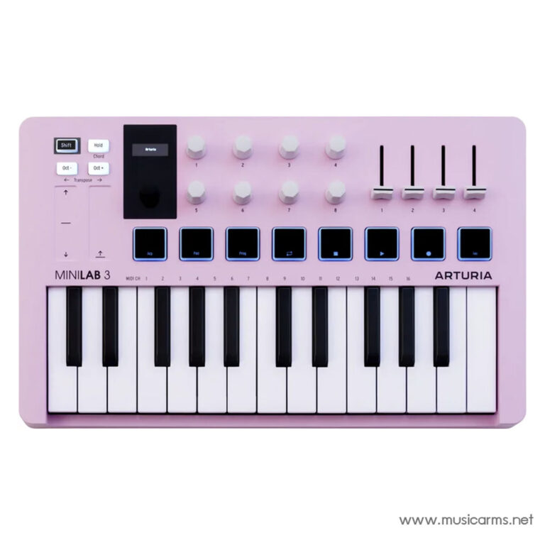 Pink Arturia MiniLab 3 MIDI keyboard with 25 keys, pads, knobs, and sliders. ขายราคาพิเศษ