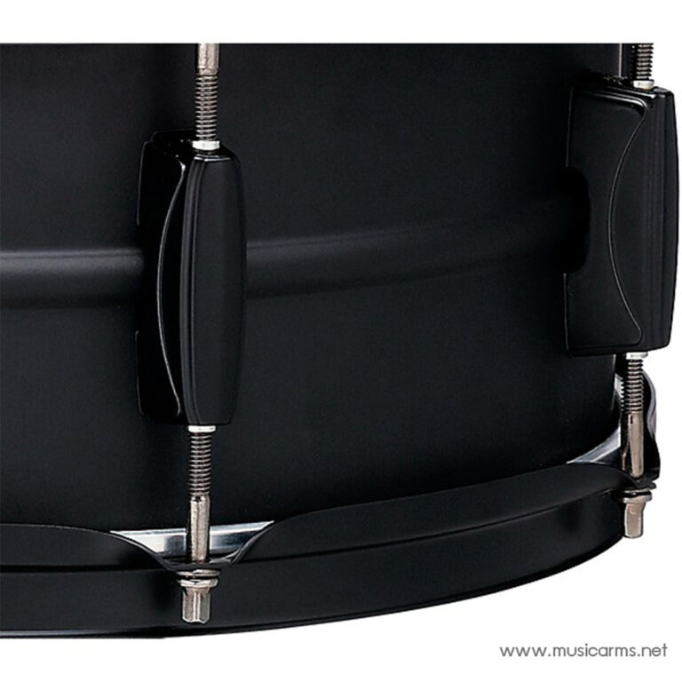Close-up of a black bass drum showing chrome tension rods and mounting hardware ขายราคาพิเศษ