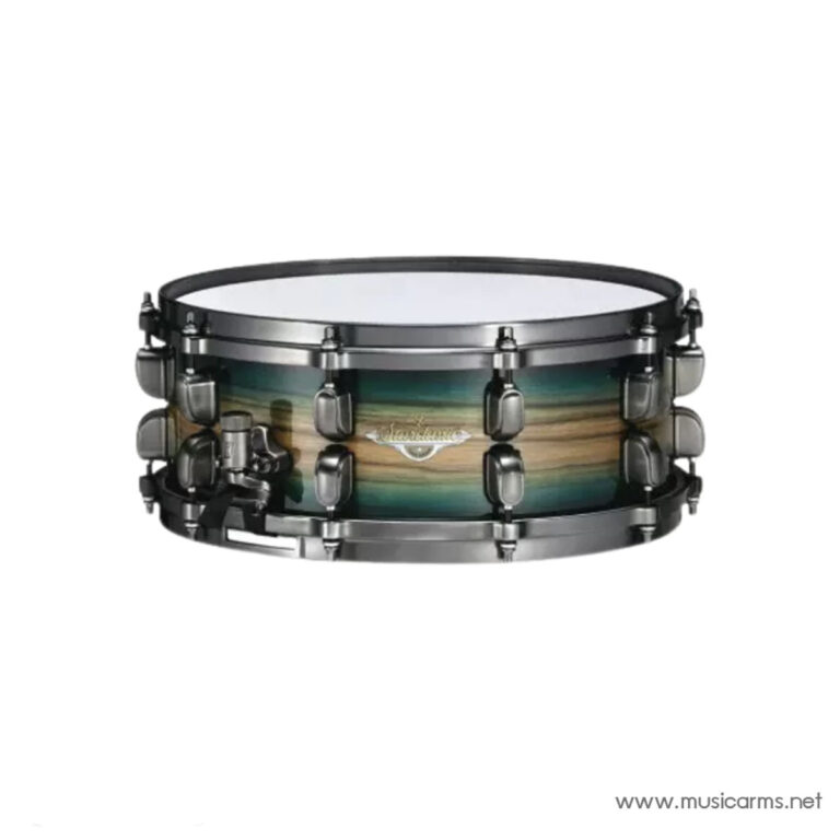 Snare drum with a green-to-wood gradient shell and chrome hardware on a white background. ขายราคาพิเศษ