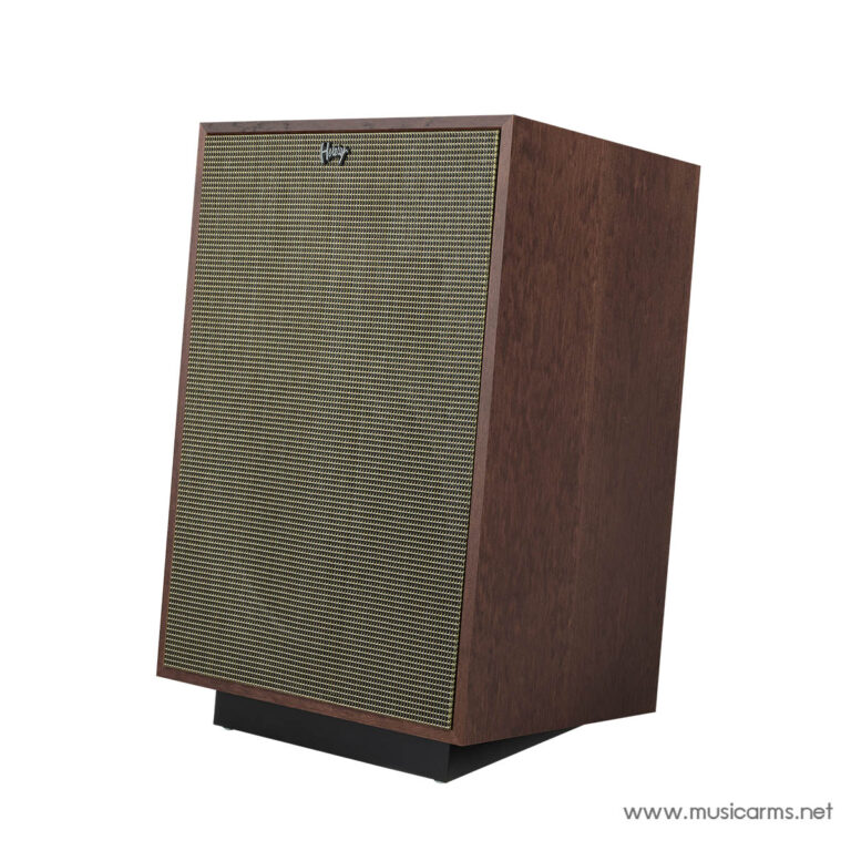 Wooden vintage-style speaker cabinet with a gold mesh grille, angled on a black base. ขายราคาพิเศษ