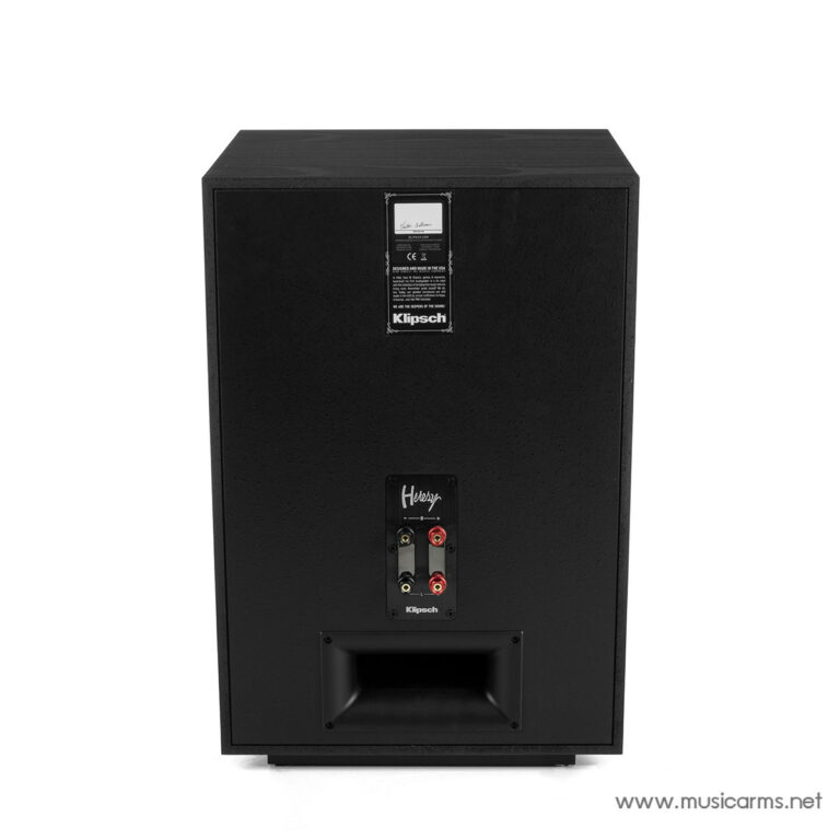 Rear view of a black Klipsch Heresy speaker showing binding posts, input panel, and bass port at the bottom left. ขายราคาพิเศษ