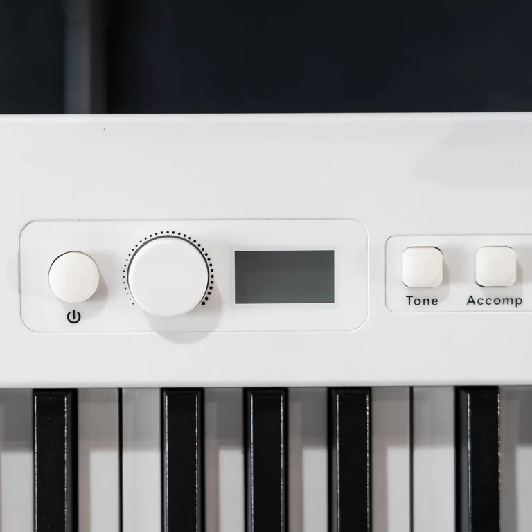 Close-up of a white electronic keyboard control panel with a large central dial, small display screen, and Tone/Accomp buttons above the keys. ขายราคาพิเศษ