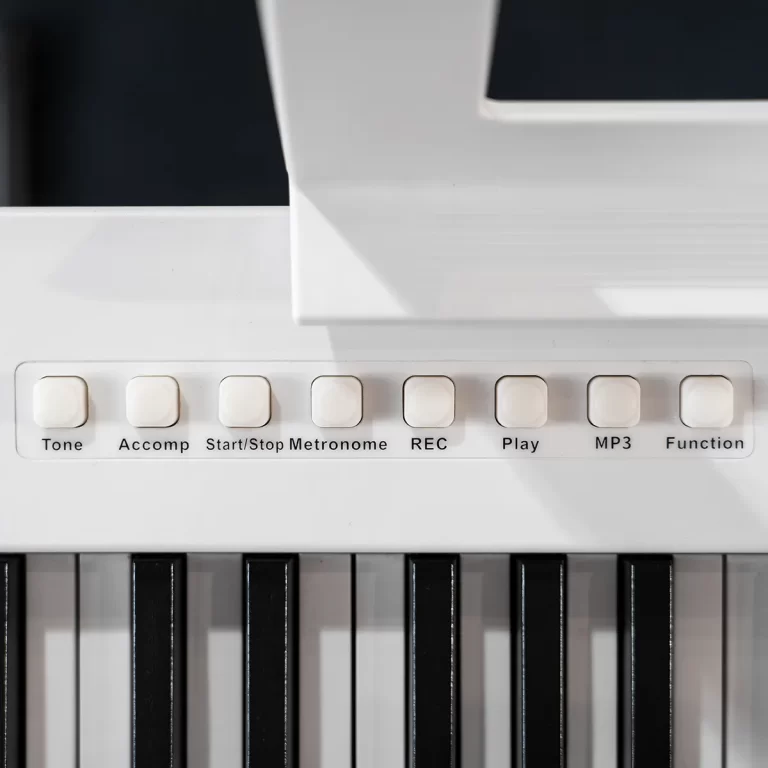 Close-up of a white electronic keyboard showing labeled control buttons above the piano keys: Tone, Accomp, Start/Stop Metronome, REC, Play, MP3, Function. ขายราคาพิเศษ