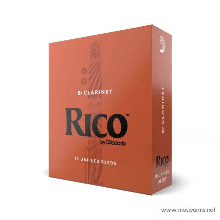 Orange Rico clarinet reeds box with a subtle instrument graphic and bold 'RICO' logo; contains 10 unfilmed reeds. ขายราคาพิเศษ