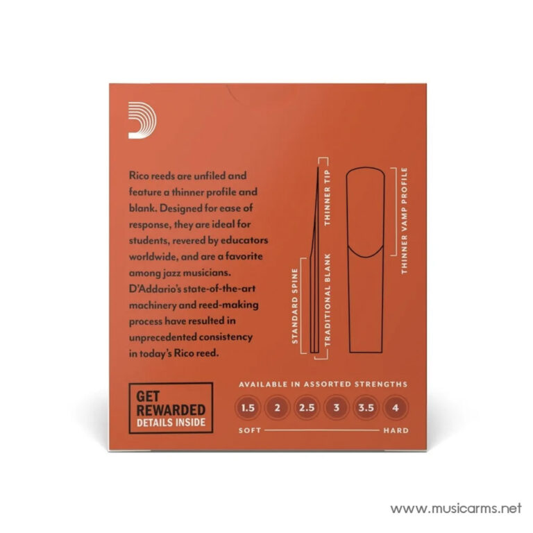 Orange reed-packaging with a vertical diagram showing reed profile parts (spine, blank, tip, vamp) and text about Rico reeds and assorted strengths 1.5–4. ขายราคาพิเศษ