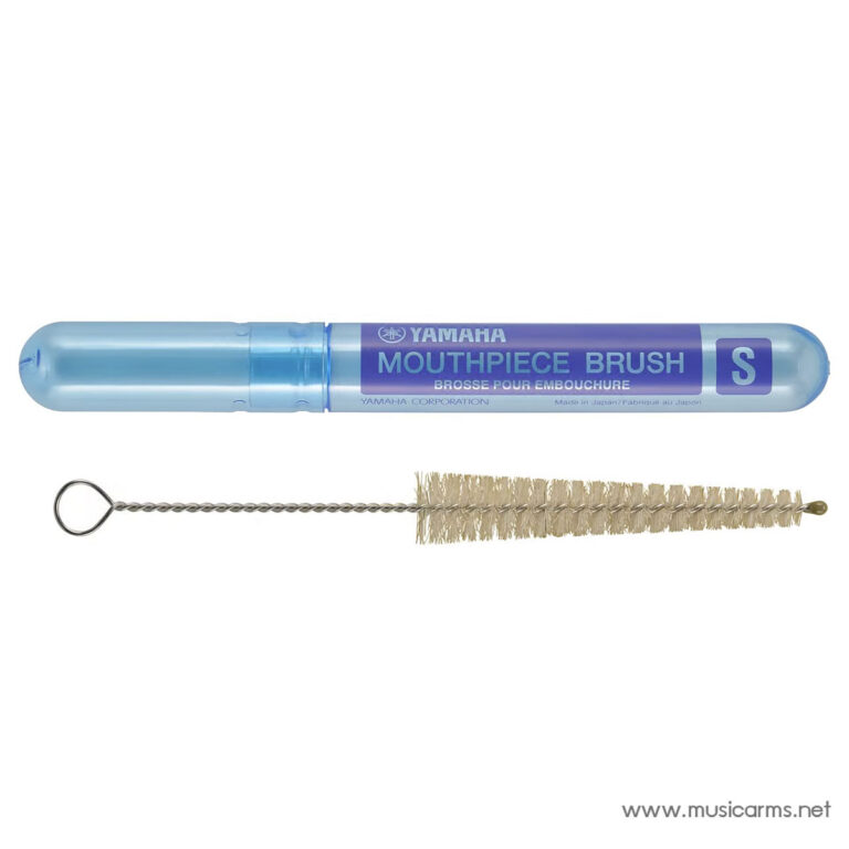 Mouthpiece brush and cleaning wand laid out, used for cleaning brass instrument mouthpieces; included in blue container labeled Yamaha Mouthpiece Brush S. ขายราคาพิเศษ