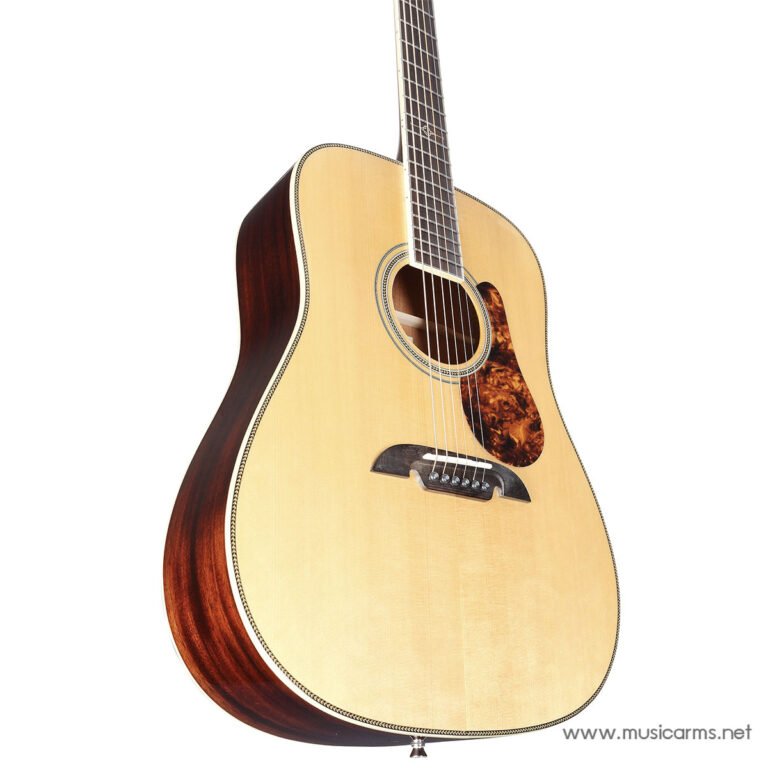 Acoustic guitar with a natural spruce top and dark wood back, angled view showing soundhole and strings on a light finish surface ขายราคาพิเศษ