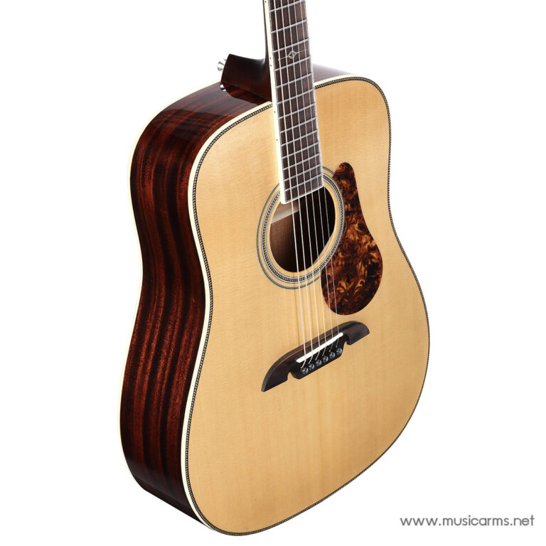 Acoustic guitar with light wood top, dark back, and tortoiseshell pickguard photographed at an angle ขายราคาพิเศษ