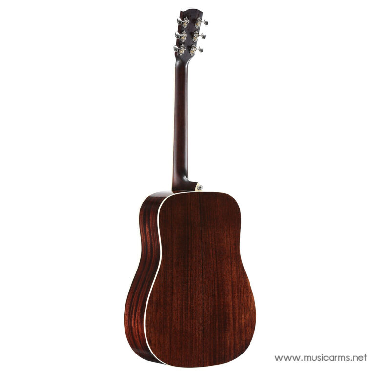 Back view of a dark brown, glossy acoustic guitar with white binding along the edges. ขายราคาพิเศษ