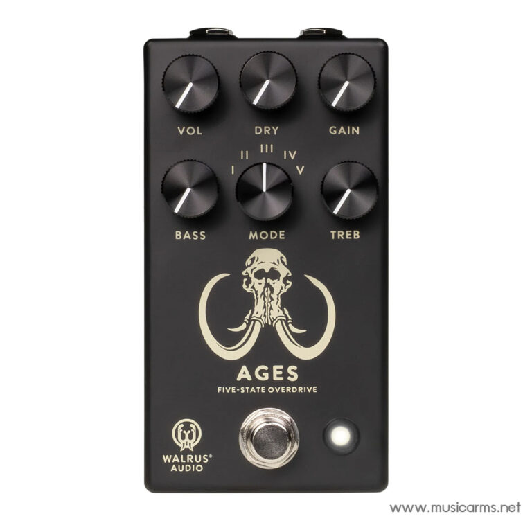 Walrus Audio Ages five-state overdrive guitar pedal with six knobs (Vol, Dry, Gain, Bass, Mode, Treb) and footswitch, logo in cream on black panel ขายราคาพิเศษ