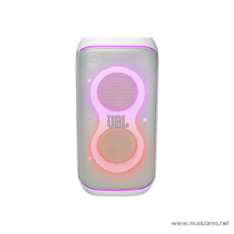 White JBL portable Bluetooth speaker with pink illuminated ring lights on the front grille ขายราคาพิเศษ