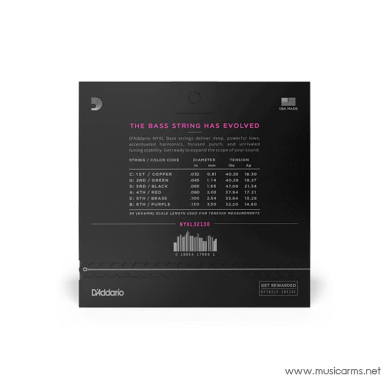 Black D’Addario bass string box with pink headline 'THE BASS STRING HAS EVOLVED', showing string specs and a barcode; brand logo bottom left. ขายราคาพิเศษ