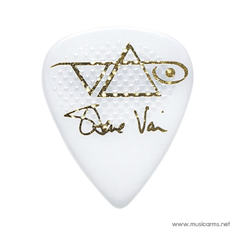 White guitar pick with a gold foil geometric logo and signature, plus watermark text at the bottom right (musicarms.net). ขายราคาพิเศษ