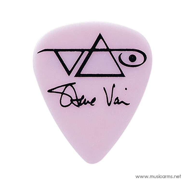Pink guitar pick with a black geometric logo and signature; includes www.musicarms.net in corner. ขายราคาพิเศษ