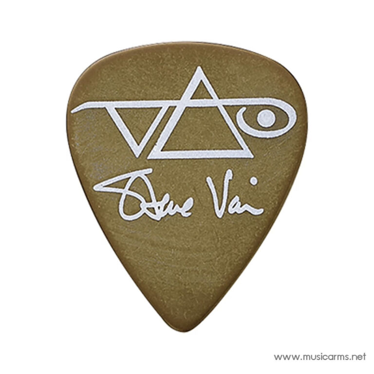 Bronze-colored guitar pick with a white geometric logo and signature. ขายราคาพิเศษ