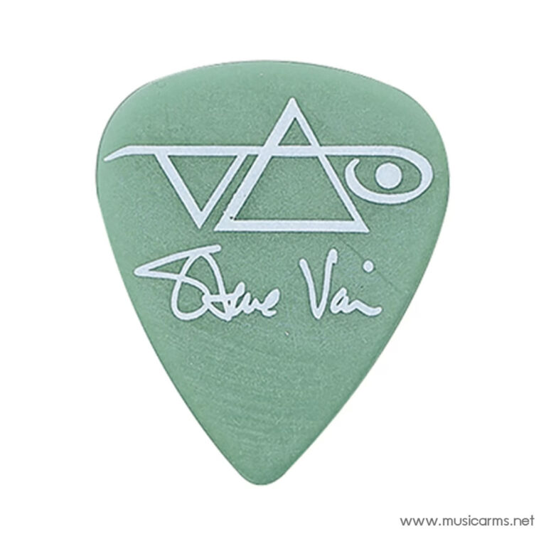 Green guitar pick featuring Steve Vai's geometric logo and signature in white ขายราคาพิเศษ