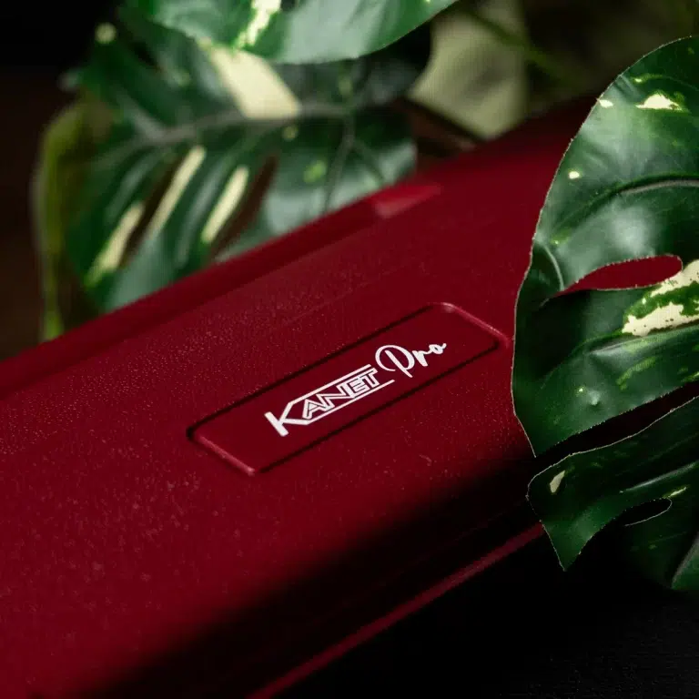 Close-up of a red electronic device with a white brand label, partially hidden by green plant leaves. ขายราคาพิเศษ