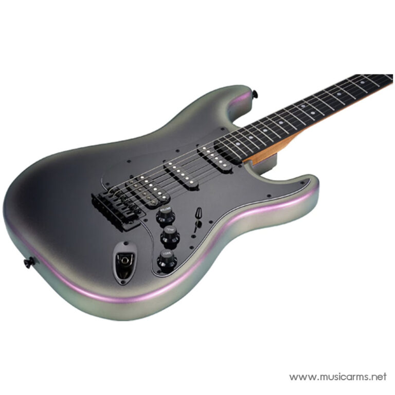 Metallic gray electric guitar (Stratocaster-style) angled view showing pickups, control knobs, tremolo bridge, and output jack; pink edge lighting visible on the body edge. ขายราคาพิเศษ
