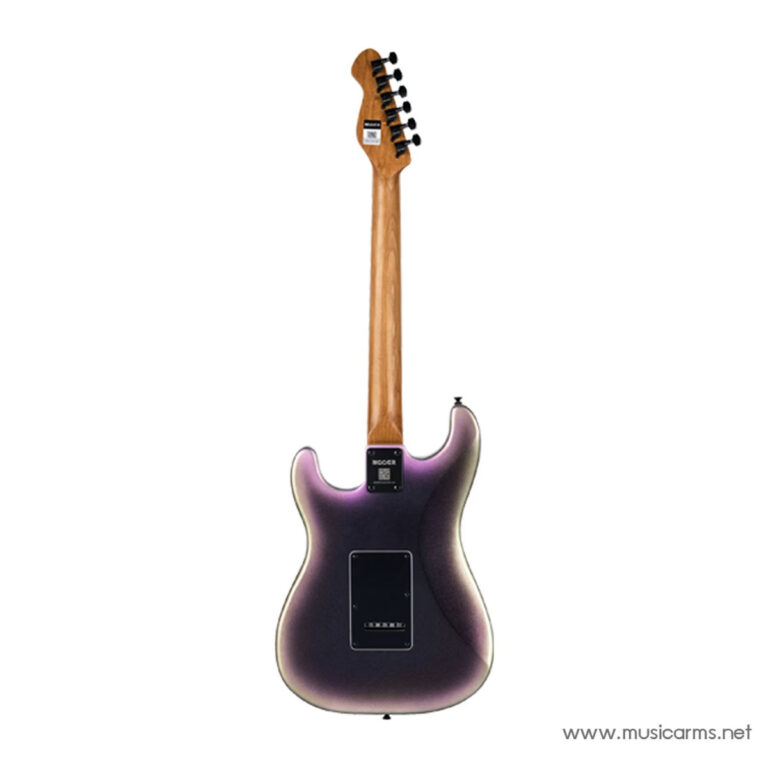 Back view of a purple guitar with a maple neck and black back plate, highlighting the body contour and rear electronics cover on a white background. ขายราคาพิเศษ