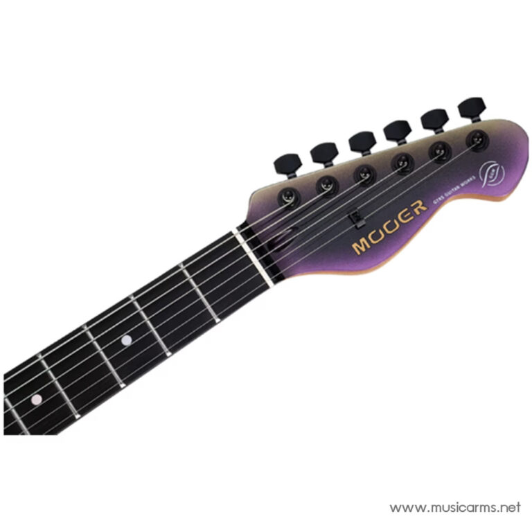Close-up of an electric guitar headstock with a purple–gold gradient, tuning pegs and strings (brand MUCER).] , ขายราคาพิเศษ
